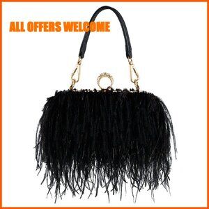 Ostrich Feather Evening Clutch Purse with Chain for Wedding Parties